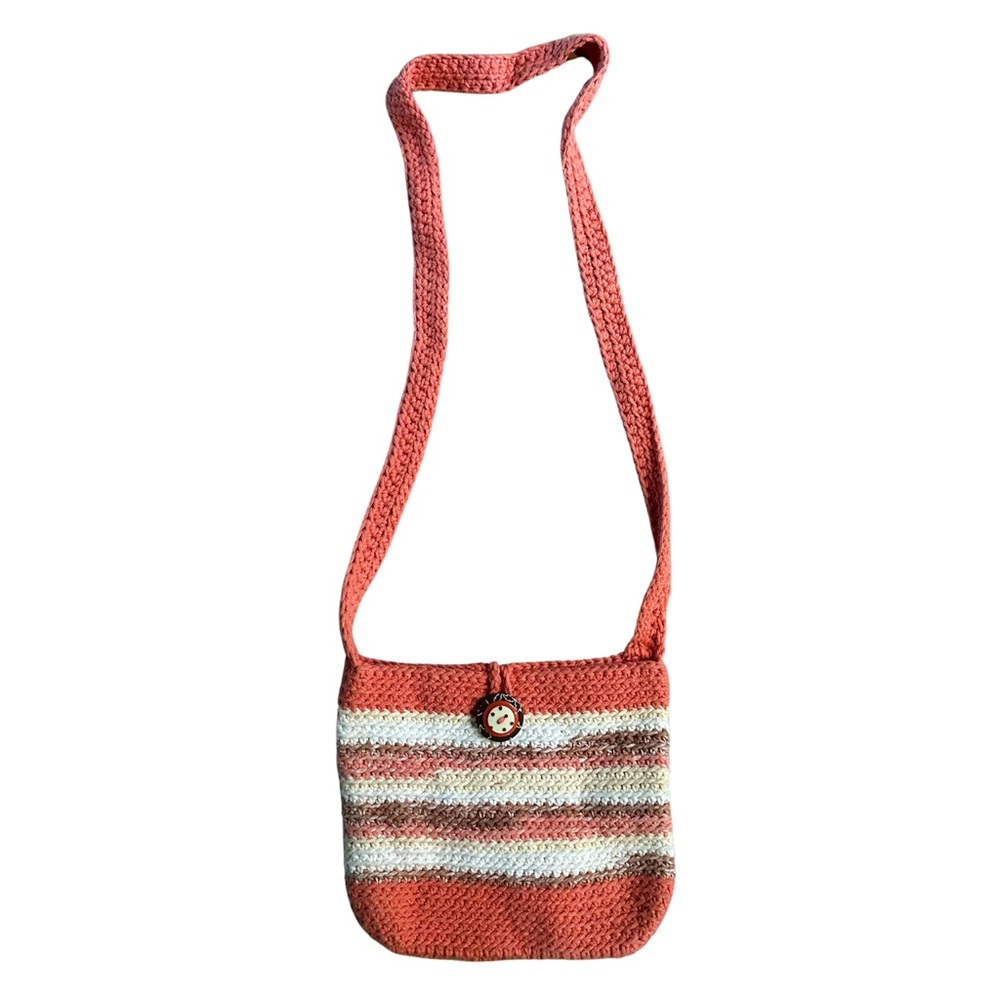 Vintage Handmade Orange & White Stripe Crochet Bag with Button Detail